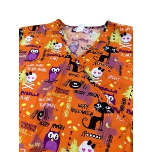 Scrub Works Halloween Scrub Top Cross Bones Cats Owls Small Tie Back 100% Cotton